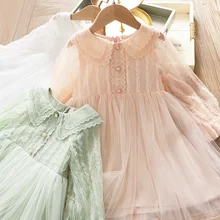 Платье для девочек; коллекция года; сезон весна; детское кружевное Сетчатое платье с лацканами