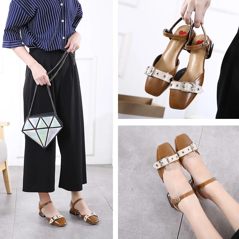

2018 Korean-style Fashion Low Heel Hallow Square Head Flat Shoes Belt Buckle Buckle A- line Buckle Flat Sandals Female Summer