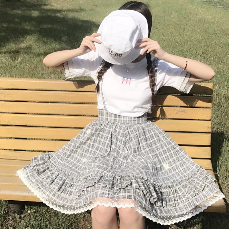 Kawaii Лолита юбка японский стиль 90 подростков мягкая Сестра Дейзи аппликации кружева лоскутное рюшами Сарафан в клетку юбки