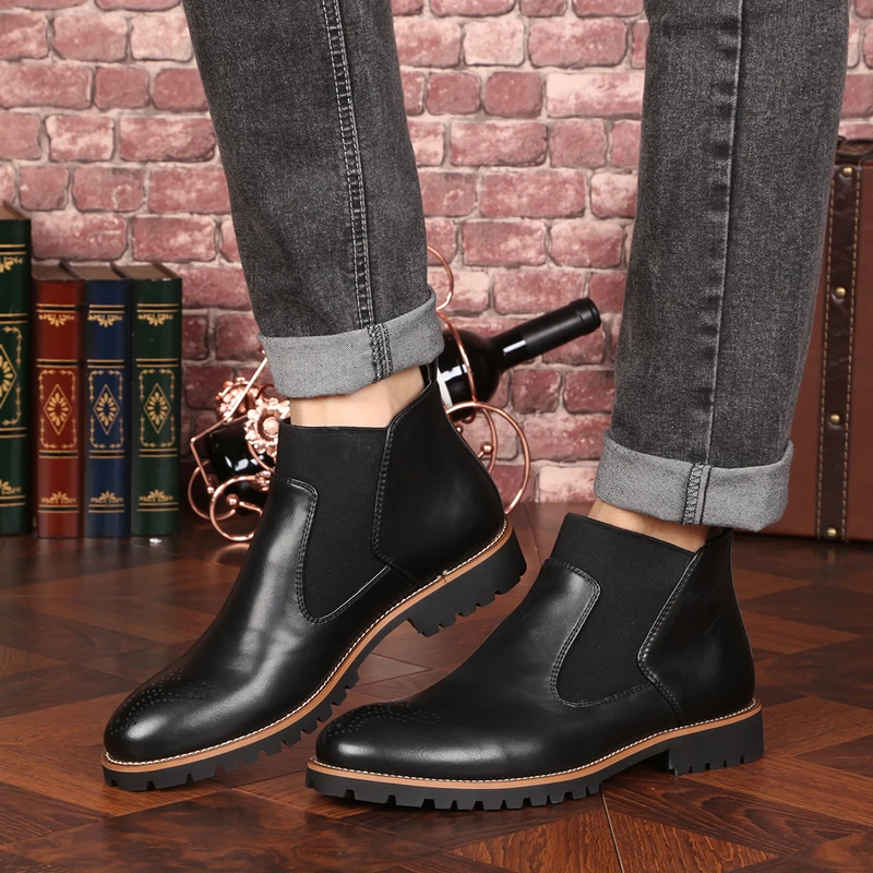 Genuine Leather Ankle Chelsea Boots Men Winter Work Shoes Vintage Classic Male Casual Motorcycle Boots Cowboy Botas JKPUDUN