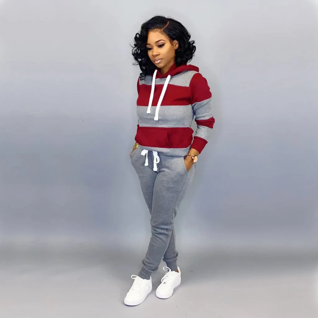 Grey and red Комплект из двух предметов; спортивные костюмы в разноцветную полоску; толстовки с длинными рукавами; пальто и узкие брюки; одинаковые комплекты; Осенняя женская уличная одежда - Цвет: Grey and red