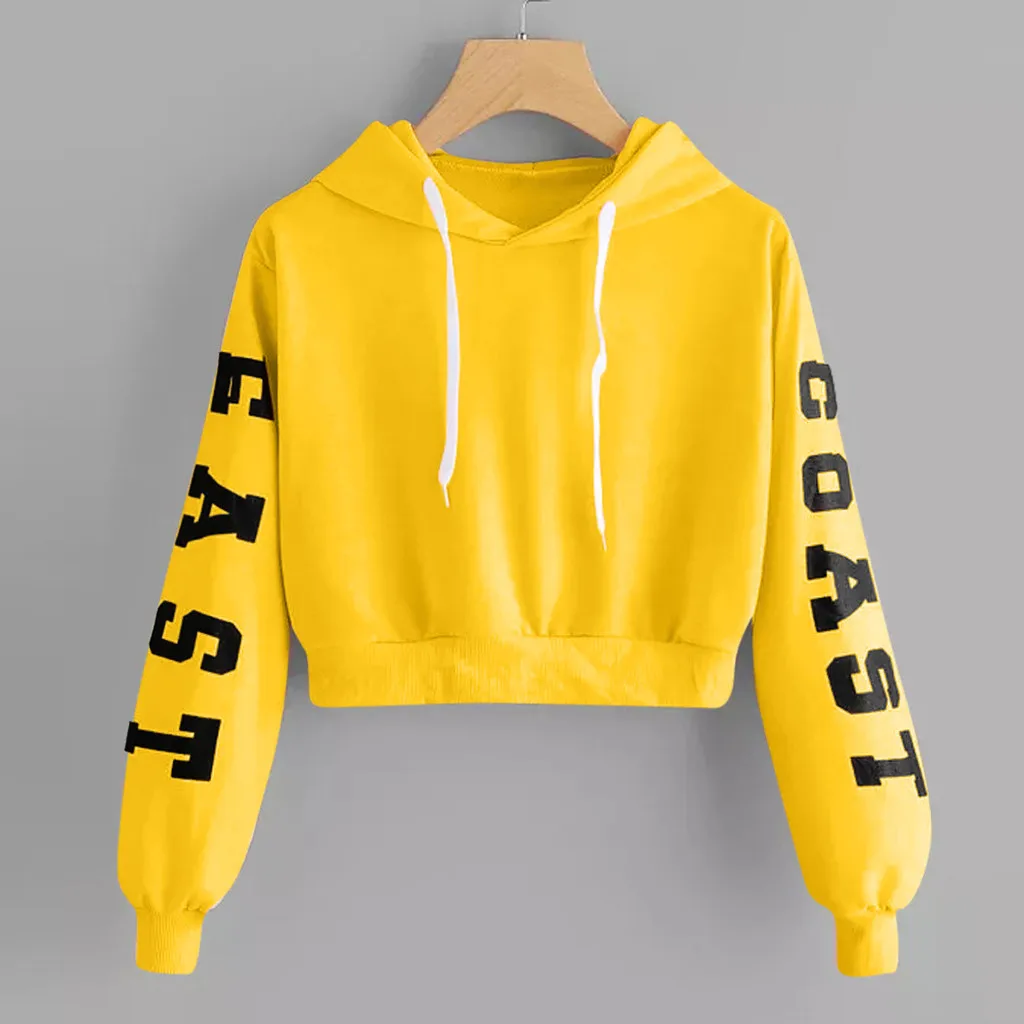 Women Girl Long Sleeve Hoodie Sweatshirt Simple Style Solid Color Hooded Pullover Tops Casual Blouse