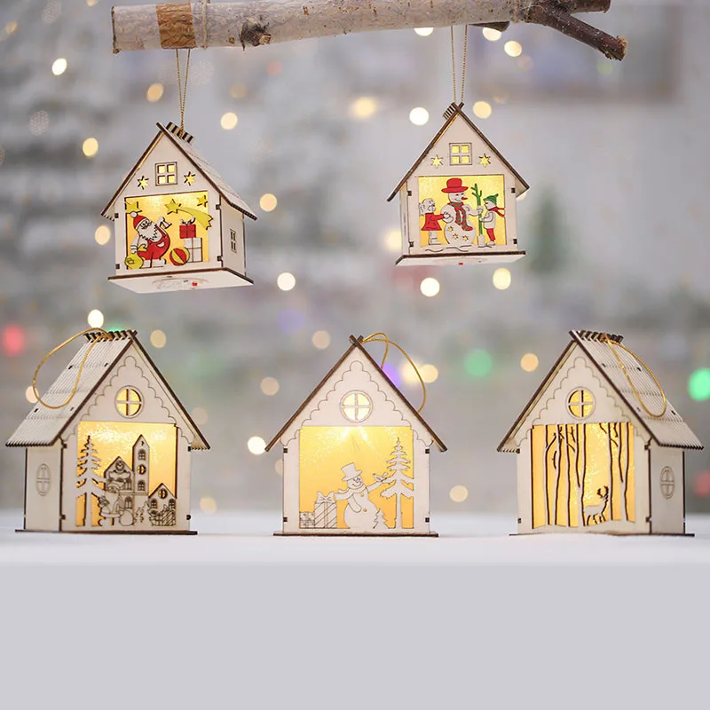 Светодиодный светильник, украшения для рождественской елки, подвески, Санта Клаус, лось, снеговик, деревянный дом, украшения для рождественской елки