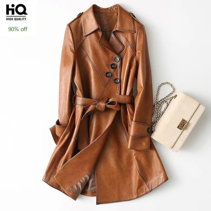 

High Quality Genuine Leather Womens Medium Length Trench Coats Long Sleeve Irregular button Sashes Slim Fit Office Ladies Coats