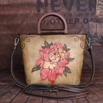 

Women Genuine Leather Messenger Crossbody Embossed Bags Shopping Peony Pattern National Style Female Handbag Shoulder Tote Bag