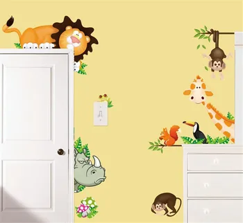 

Kids wall stickers cartoon lion monkey giraffe elephant rhino sticker children bedroom door stickers cabinet stickers