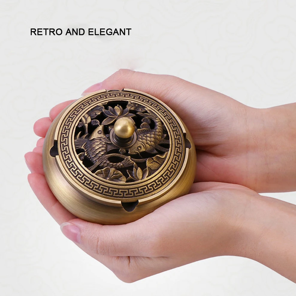 New Chinese style brass ashtray with lid, Pure copper coil incense burner, Windproof ashtray, home aromatherapy ornament