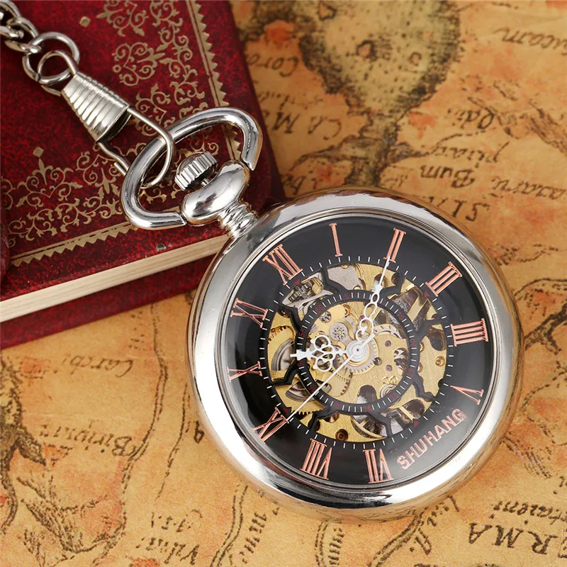 Silver Unisex Hand-winding Mechanical Pocket Watch Skeleton Smooth Case Roman Numbers Display for Men Women Pendant Chain Gift