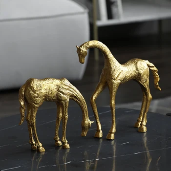 

Home Decoration Accessories Art Animal Cast Iron Golden Bowed Horse Statue Decor Figurine Living Room Ornament Gift Furnishings