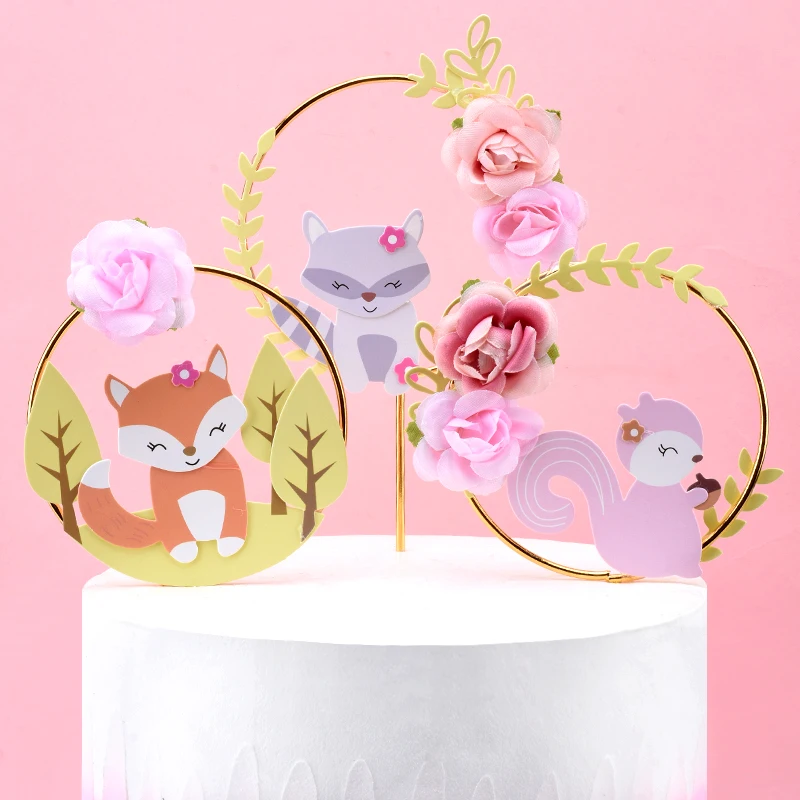 

Cakelove 1Pcs Beautiful Forest Animal Theme Cake Decoration Fox Squirrel Flower Wreath Garland Cake Topper Child Birthday Party