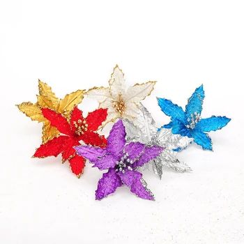 

10pcs Cuttings Artificial Flowers Sequins Glitter Poinsettia home Ornament Festivals Christmas Wedding Tree Decor Party Supplies