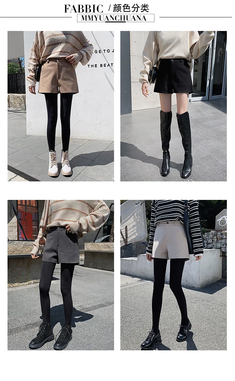 Зимние шерстяные шорты женские черные широкие брюки осенние однотонные тонкие шерстяные короткие плотные теплые шорты размера плюс женские шорты