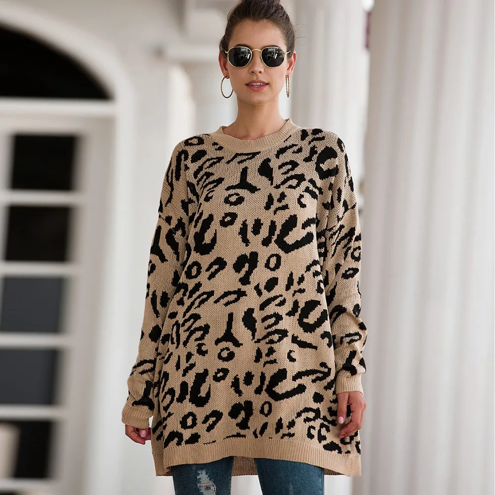 

Pull Long Femme Sweater Women Leopard Print Long Sleeve Crew Neck Knitted Oversized Pullover Winter Sweaters women Plus size