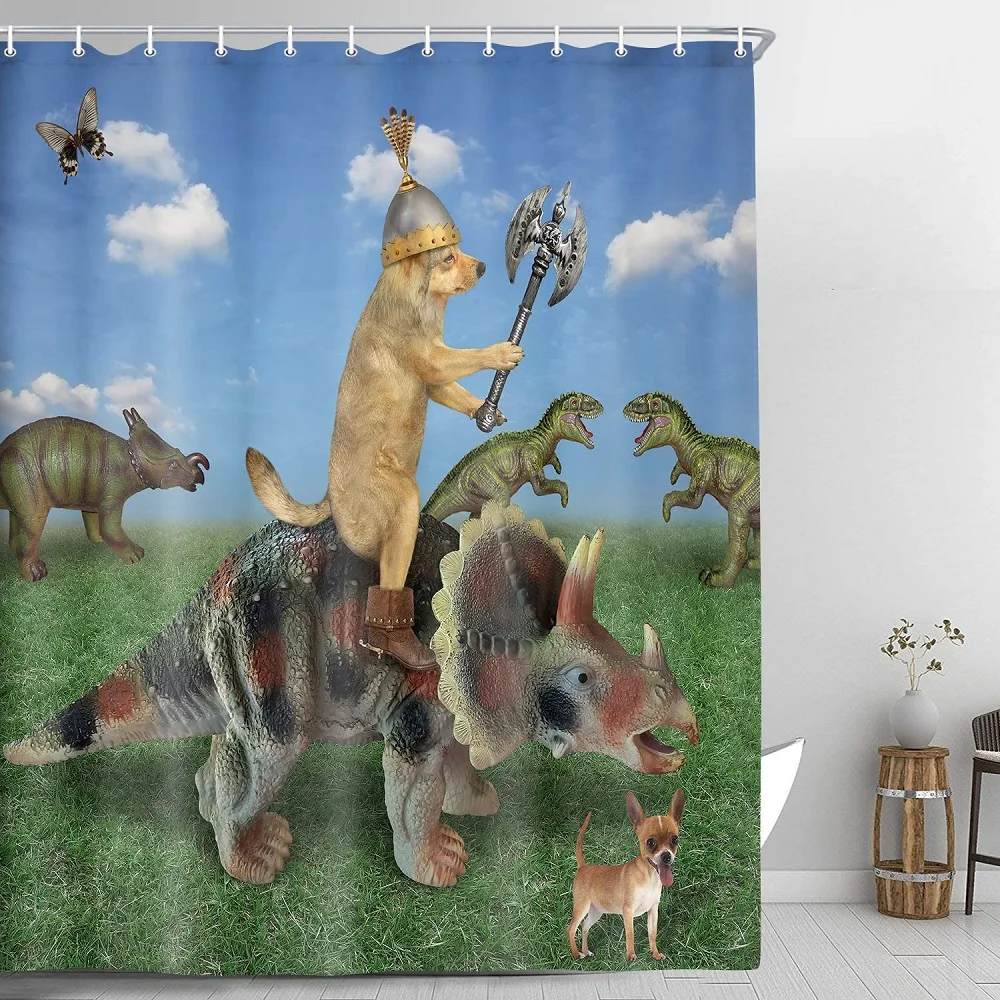 Funny Dog ShowerCurtain for, Knight Dog in Boots with a Double Headed Battle Axe is Riding aTriceraDinosaurs Fabric BathCurtain