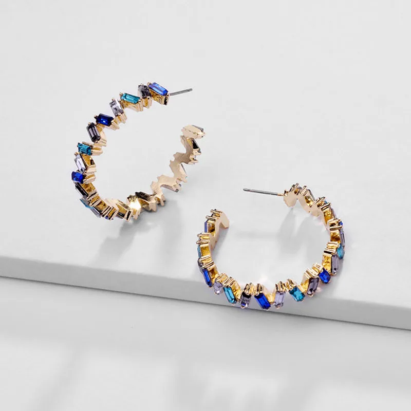 

Fashion Ear Jewelry Rainbow Colorful Crystal Earring ZigZag Big Hoop Earrings for Women