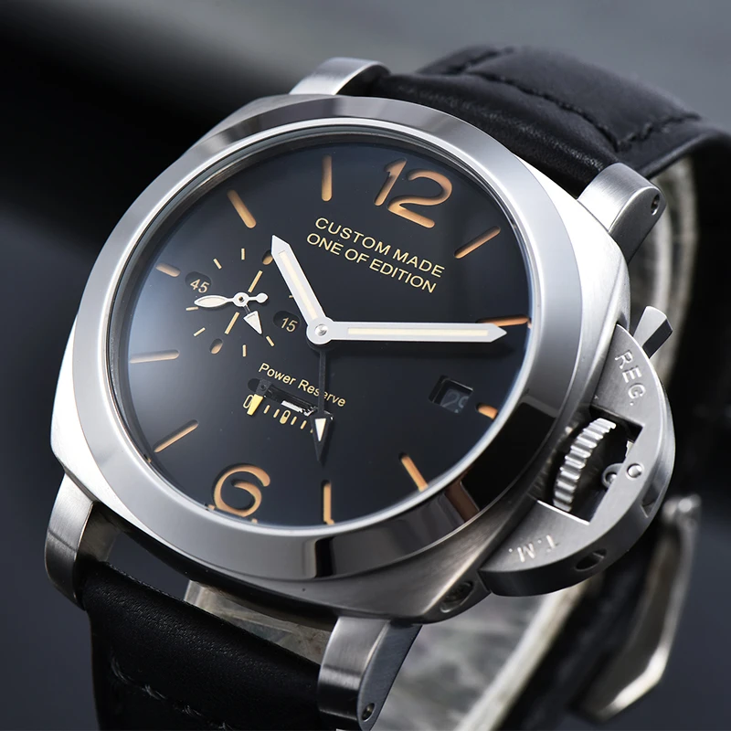 

44MM Watch Men Seagull Automatic Movement Power Reserve Silver Stainless Steel Case Black Dial Watch Z425-1