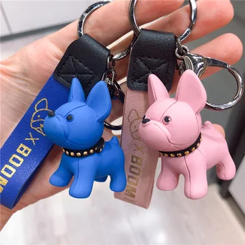 

Fashion Bulldog Keychain PU Leather Animal Dog Key chain Holder Bag Charm Trinket Keyring Bulldog Bag Accessories Punk Style Pen