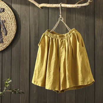 

Summer Women Cotton Linen Shorts Black Casual Loose Wide Leg Shorts Elastic Waist Short For Women Culotte