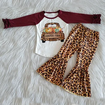 

Fall 2pcs Toddler Baby Girl Clothes Set Kid Little Girls Pumpkin Farm T-shirt Leopard Bell Bottom Outfit Halloween Kids Clothing