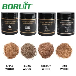 BORUiT 4PCs BBQ Wood Chips Set for Grill Meat Food Salmon Smoker Smoke Cook Utensils Apple Cherry Walnut Sawdust Oak Wood Chips