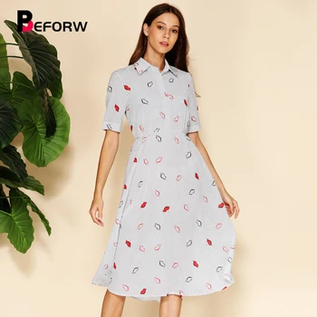 

BEFORW Fashion Dress Women 2019 Short Sleeve Lips Shirt Dress Print Dresses Women's Summer Beach Party Dress Vestidos