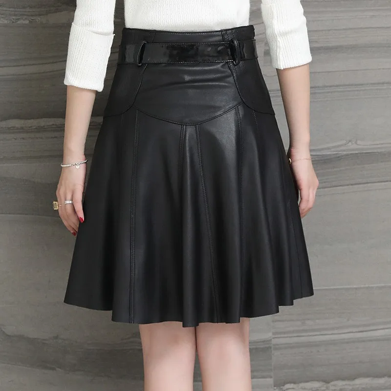 PROD 4000761933745 New Genuine A-Line Skirt Women Real Leather
Sheepskin Sexy Office Lady High Waist Pleated Skirts With Belt
Streetwear