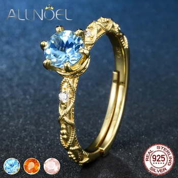 

ALLNOEL Sterling 925 Silver Orange Garnet Topaz Rose Quartz Ring Noble Gemstones Silver 925 jewelry Prong Setting Real Gold