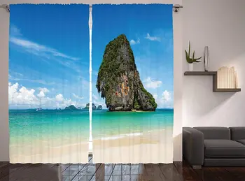 

Coastal Window Curtains Tropical Beach White Sand Karst Rock Coast in Krabi Thailand Limestone Image Living Room Bedroom Decor