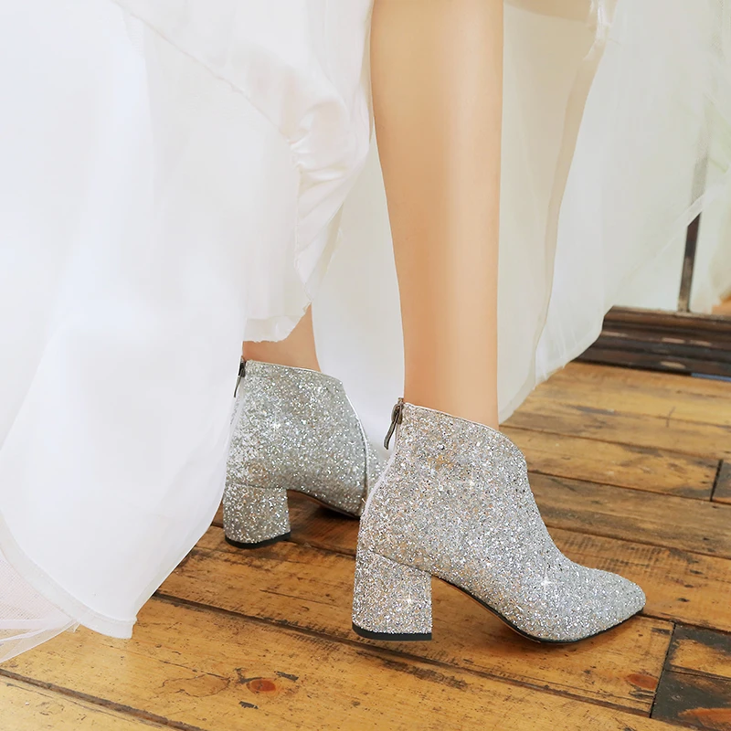 

New Fashion Bling Ladies High Heels Pointed Toe Women Shoes Woman Casual Party Wedding Autumn Silver Ankle Boots