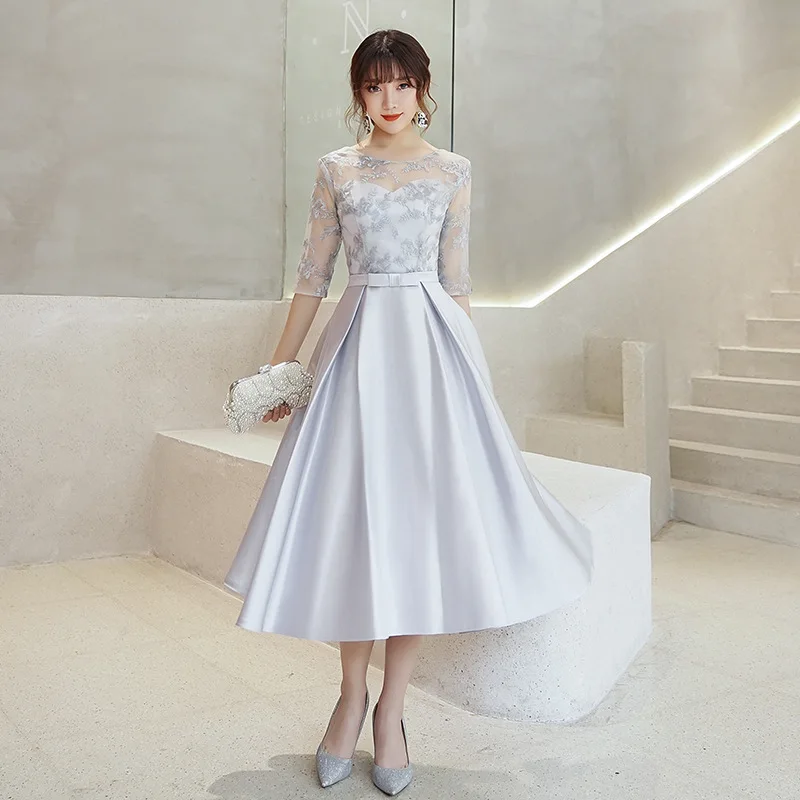 Bridesmaid Dresses 2021 Half Sleeves Lace Tea Length Silver Satin robe de soirée de mariage Short Dress for Weddings Bridesmaid Dresses 2021 Half Sleeves Lace Tea Length Silver Satin robe de soirée de mariage Short Dress for Weddings
