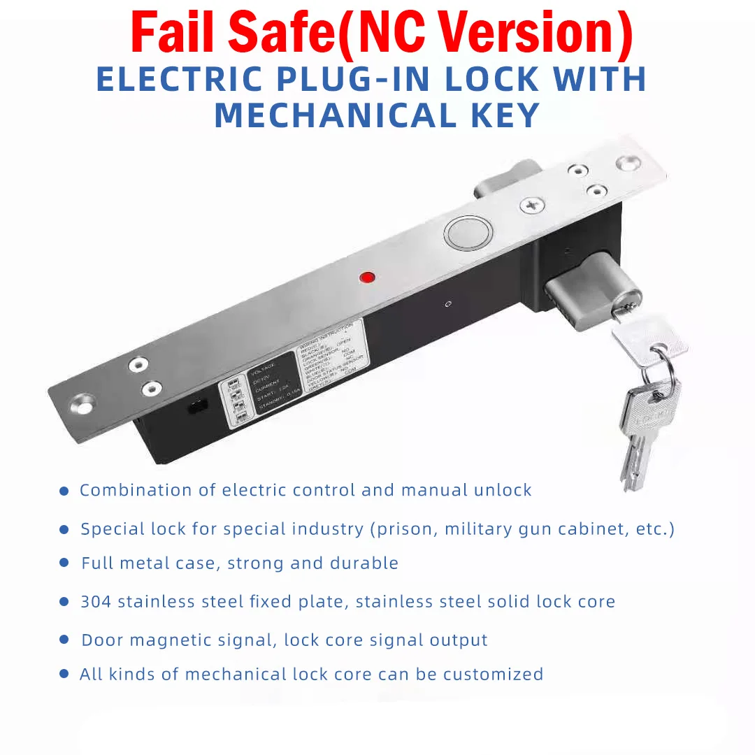 DC 12V Fail Secure Bolt Lock With Mort Lock Cylinder Mechanical key locking Drop