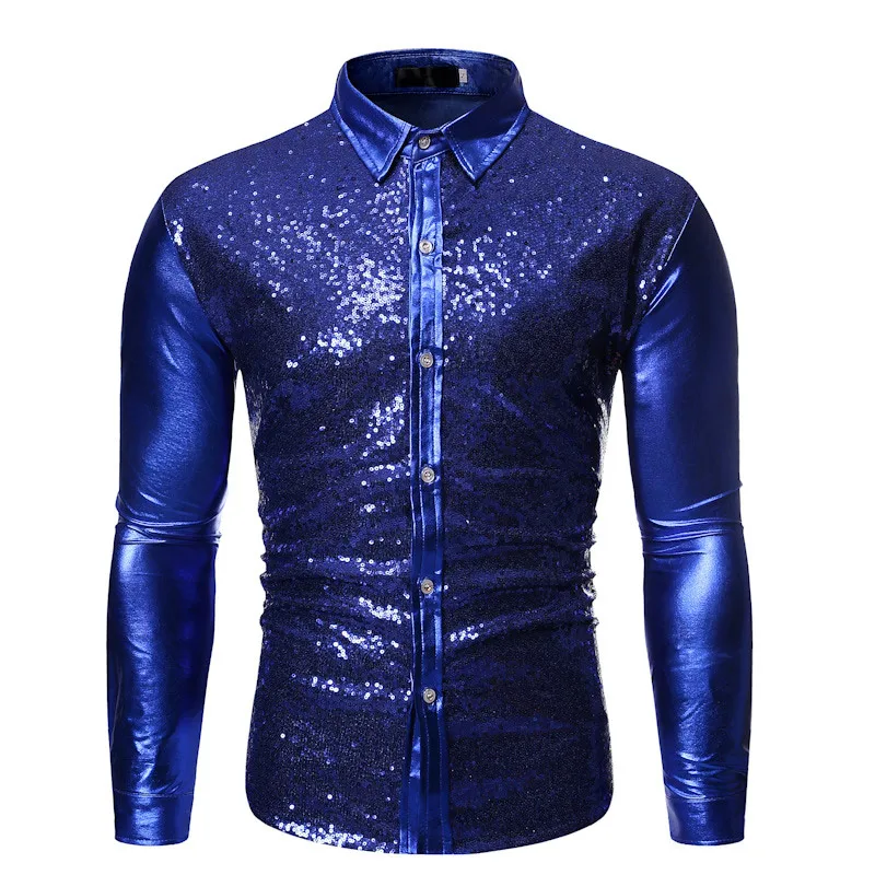 Shiny Gold Sequin Men Shirt Metallic Glitter Mens Party Dance DJ Shirts Stylish Night Club Long Sleeve Shirt Men Camisas Hombre - Цвет: Royal blue