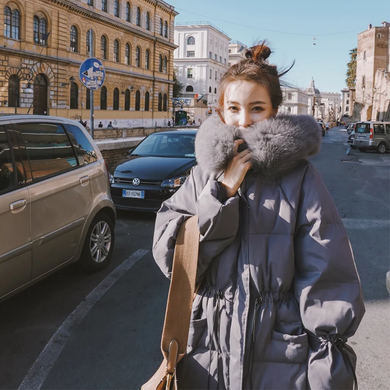 

Large fur collar design style temperament gray new long knee over was thin down jacket coat thick cotton jacket bread