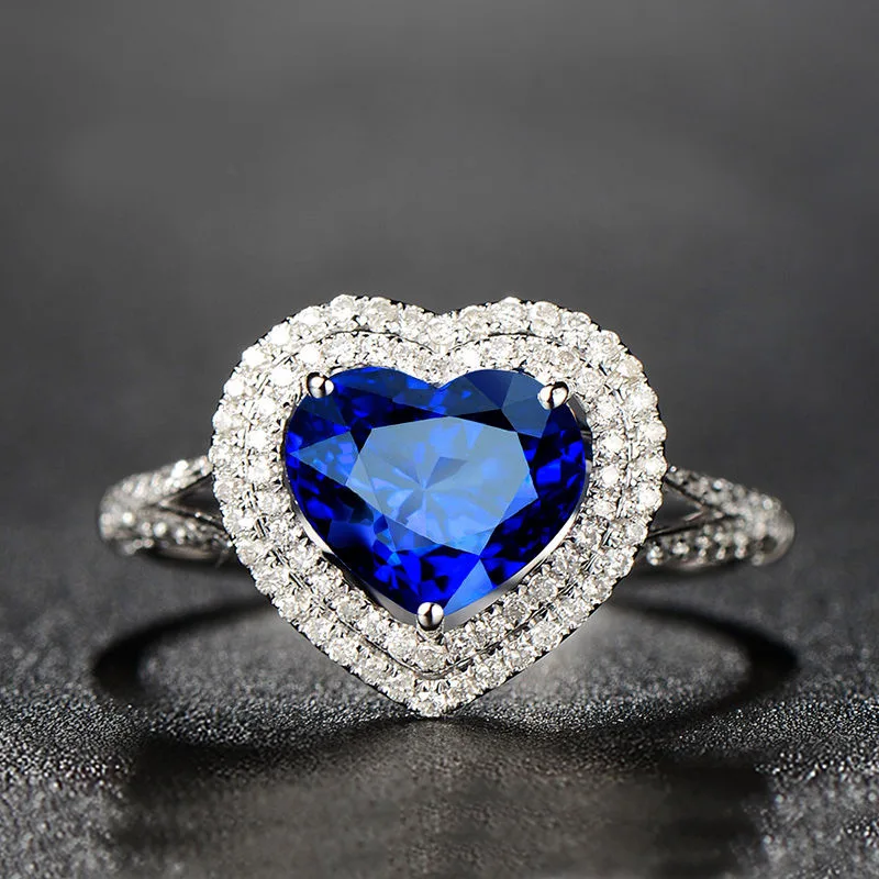 Wong Rain стерлингового серебра 925 Королевское синее сердце сапфировый драгоценный камень Свадебные обручальные бриллианты кольцо ювелирных изделий