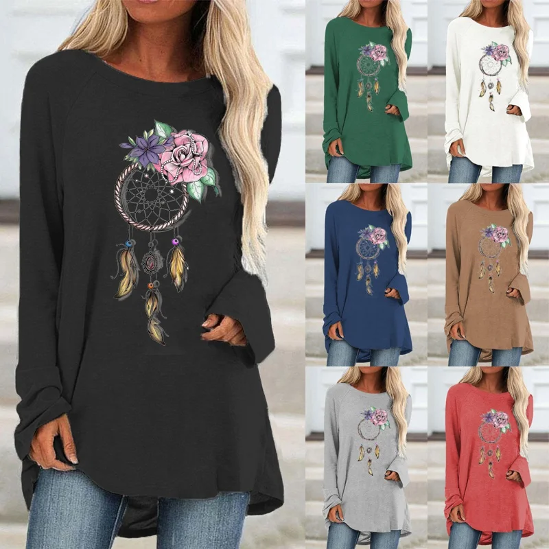 

Women Clothing Autumn and Winter Solid Color Fashion Printing Graphic Tee Long Sleeve Round Neck Loose Shirt Plus Size Tops