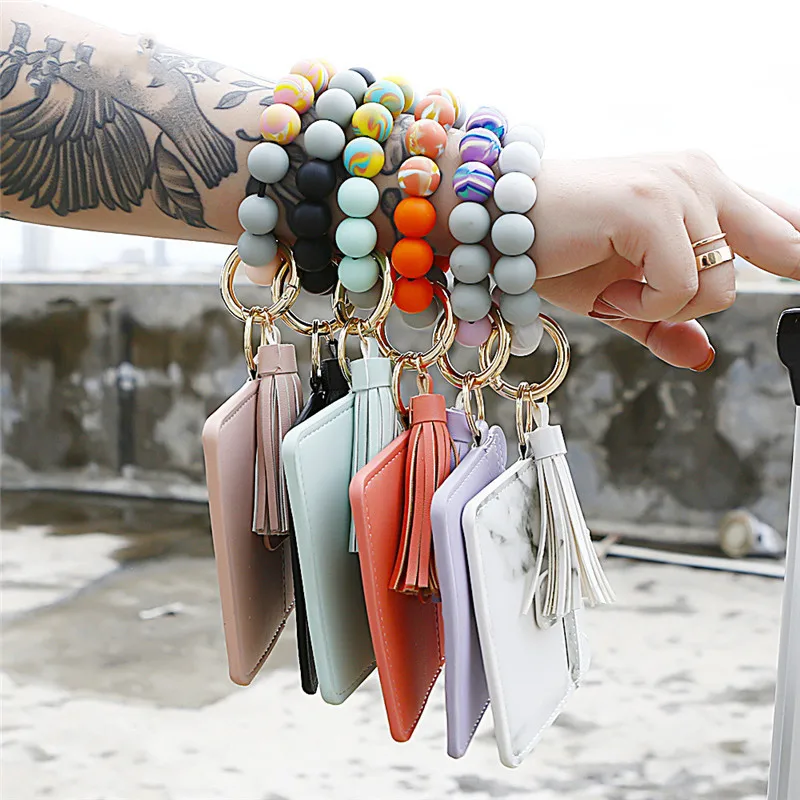 Keychain Wristlet Card Holder Wallet Beaded Bracelet Leather Tassel