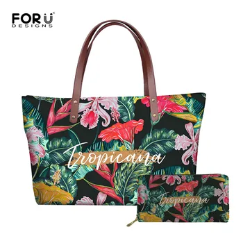 

FORUDESIGNS Tropical Palm Leaves Women Tote Handbag Set Ladies Shoulder Bag Hawaiian Hibiscus Stylish Leather Wallets Purse