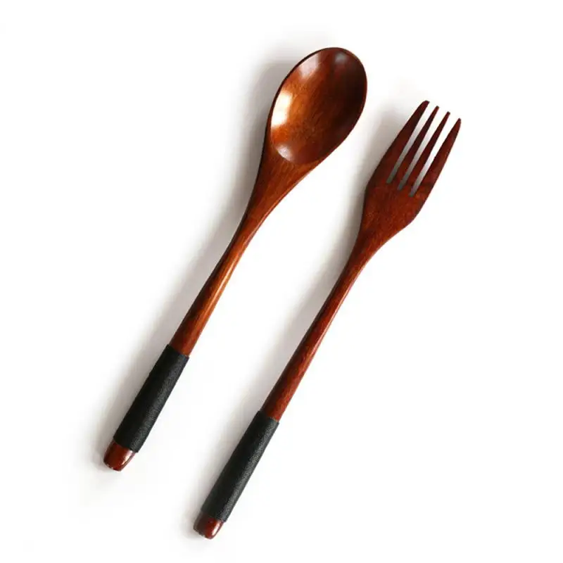2PC Cutlery Set Dinnerware Set Wood Fork Spoon Dessert Set Retro vintage stylel Dinner Knife Fork Dessert Scoops Kitchen tools - Цвет: Black