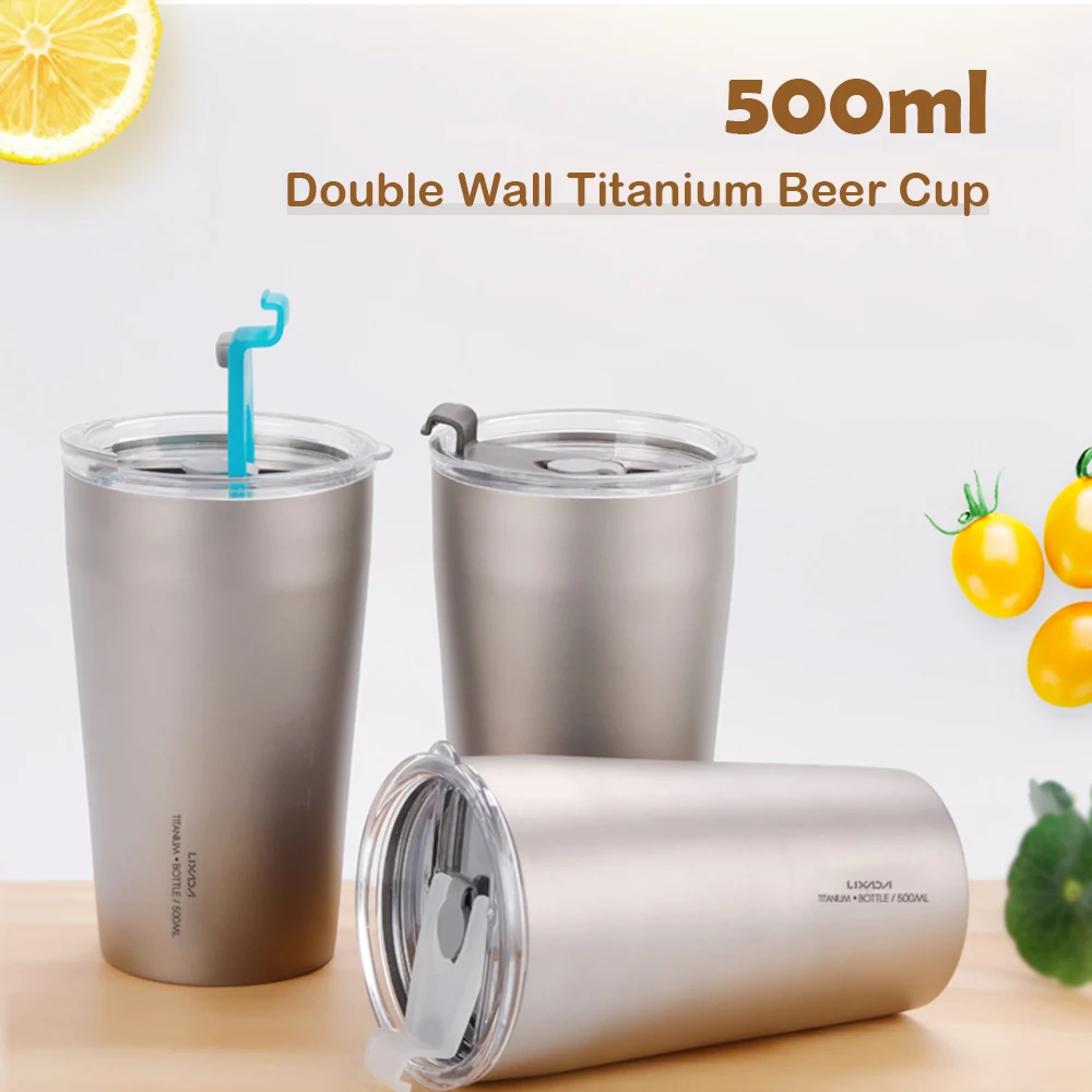 Lixada 500ml Double Wall Titanium Beer Cup with Drinking Straw and Cleaning V9B0 
