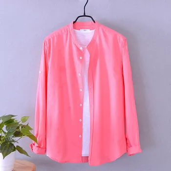 

2020 spring men's cotton and hemp long sleeve shirt solid fit Mock Neck solid hemp shirt men's casual day Top 5 colors