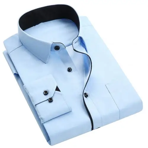 Light Blue Мужская с длинным рукавом сплошной цвет отложной воротник карман пуговицы хлопок тонкая рубашка - Цвет: Light Blue