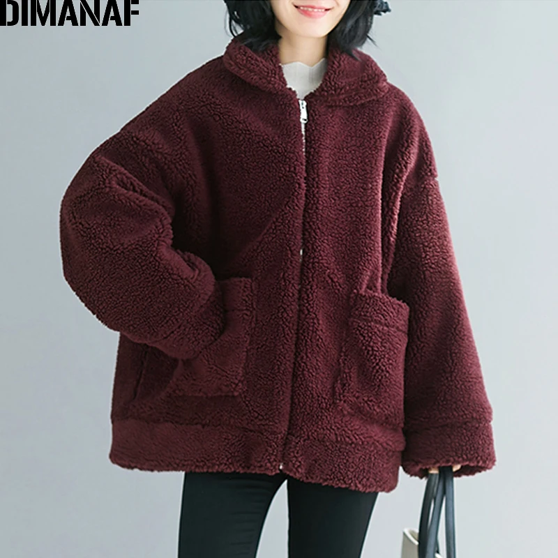 DIMANAF осень зима негабаритных женщин куртка пальто флис стекаются толстые теплые молнии женская верхняя одежда свободная повседневная одежда