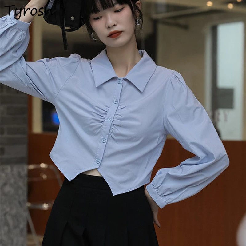 Camisas con botones para blusas cortas con pliegues de diseño sólido, Tops elegantes de manga larga con cuello vuelto calle|Camisa| - AliExpress