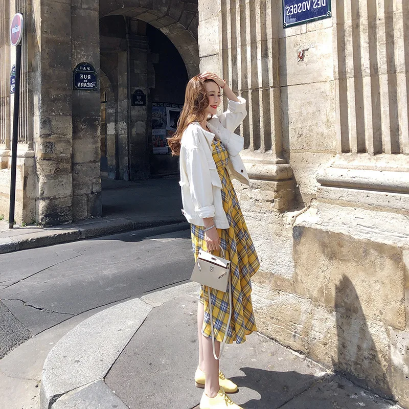 

Plaid Strapped Dress 2019 Summer New Style CHIC Dress Women's off-Shoulder Waist Hugging Slimming Medium-length Skirt