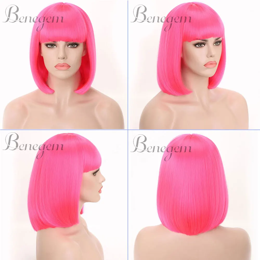 Benegem Blonde Bob Wig Short Wig with Bangs 14 Women Wig Synthetic Halloween Cosplay Party Wig