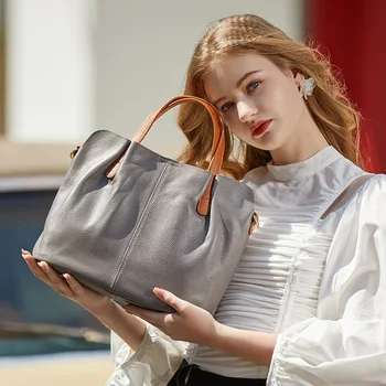 

Real cow hide leather tote bag ladies handbags women's genuine leather bags for women 2020 big shoulder hand bag female red grey