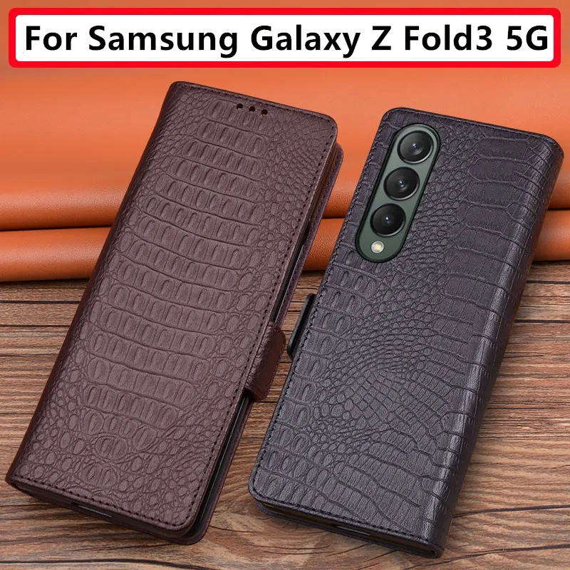 Genuine Cowhide Leather Flip Wallet Case for Samsung Galaxy Z Fold5 Fold 5 4 3 Magnetic Buckle Alligator Crocodile Grain Cover
