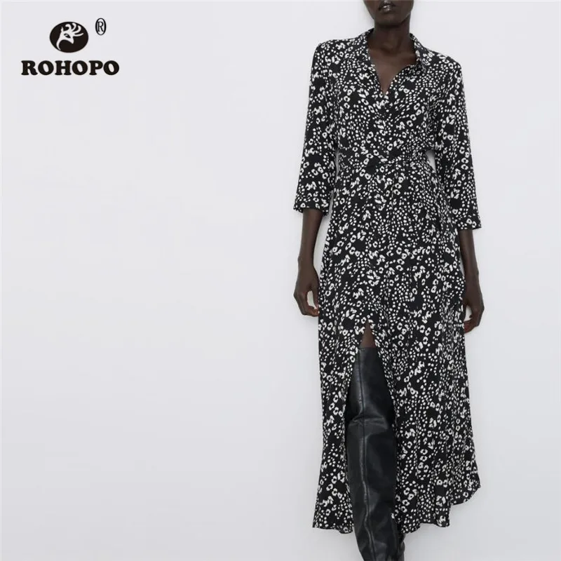 

ROHOPO Three Quarter Sleeve Animal Printed Black Blouse Midi Dress Viscose Buttons Fly Turn Down Collar Waistband Vestido #9325