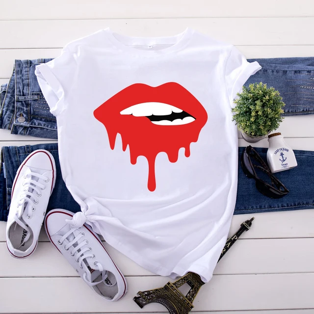 Summer Fashion Shirt Lips Leopard Graphic T Shirt Women Harajuku Tops  O-neck 4 colors Tee Kiss Lip Funny Girls  T-shirt Lips 8 White