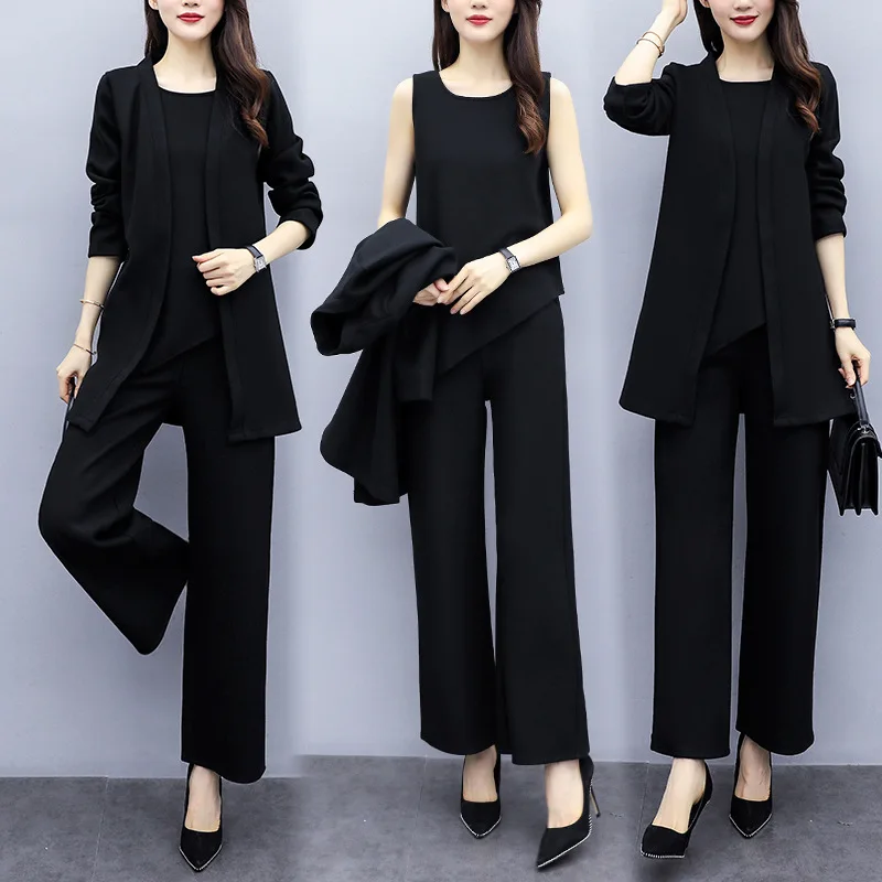

2019 Autumn And Winter New Style WOMEN'S Dress Younger Fashion Woolen Three-piece Set Versatile Black with Thin Look Coat bei xi